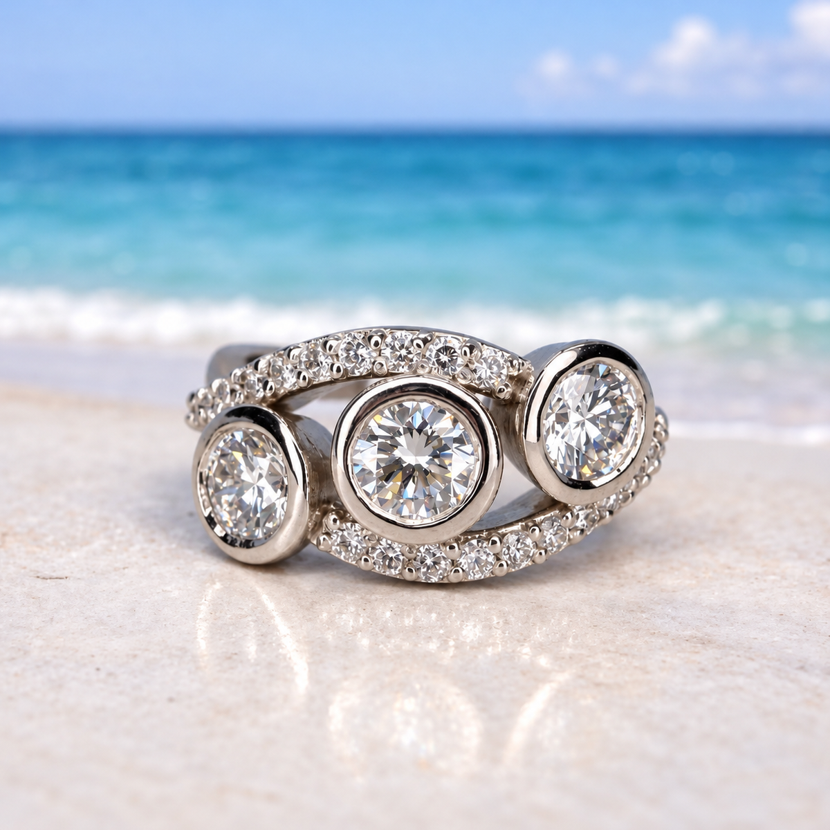 Three Stone Diamond Ring, Bezel Set Lab Grown Diamond Ring,  Modern Diamond Band #8924