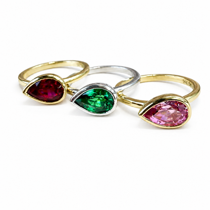 Bezel Set Pear Shape Emerald, Ruby, Pink Sapphire, Birthstone Ring 14K Solid Gold , Pear Shape Solitire Sideways Ring #8834