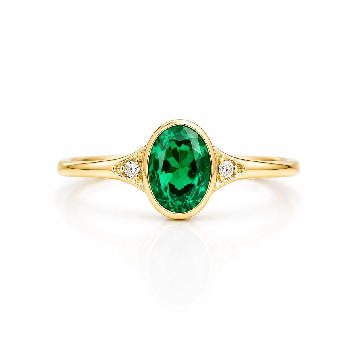 Emerald Ring, 14K Gold Emerald and Diamond Ring, Oval Cut Bezel Setting Emerald Ring, Modern Engagement Ring, May Birthstone Ring #8837