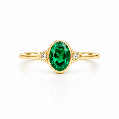 Emerald Ring, 14K Gold Emerald and Diamond Ring, Oval Cut Bezel Setting Emerald Ring, Modern Engagement Ring, May Birthstone Ring #8837