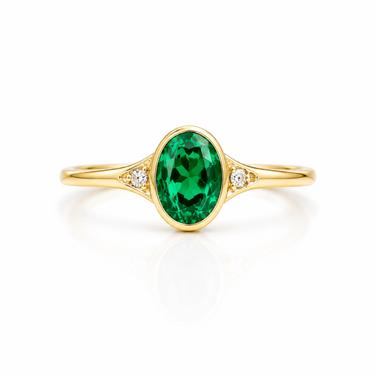 Emerald Ring, 14K Gold Emerald and Diamond Ring, Oval Cut Bezel Setting Emerald Ring, Modern Engagement Ring, May Birthstone Ring #8837