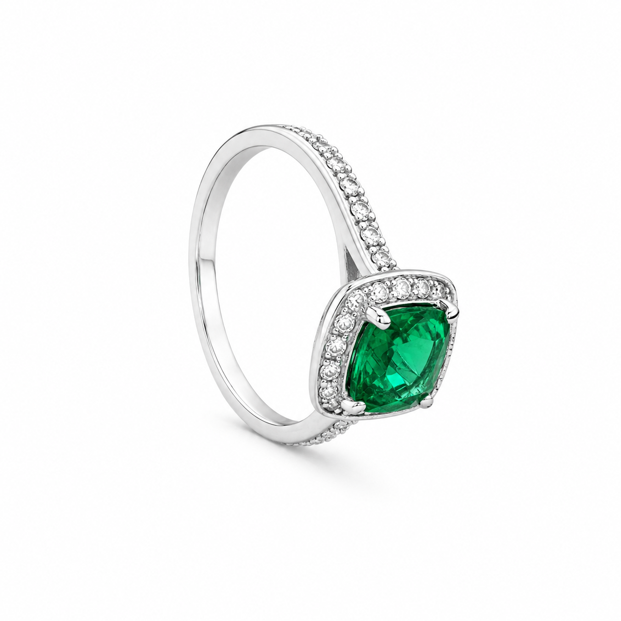 Emerald Green Ring Cushion Cut Emerald with Moissanite Halo Engagement Ring White Gold Simple Emerald Wedding Promise Anniversary Ring #6190