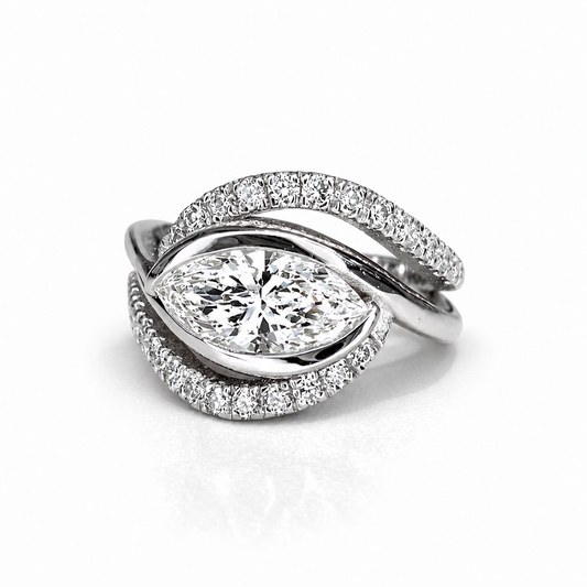 1 Carat East West Marquise Lab grown Diamond Ring 14K Solid Gold, Diamond Wrap Ring, Unique Engagement Ring, Statement Cocktail Ring #8879