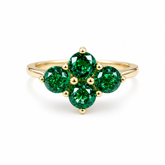 Emerald Ring 14k Yellow Gold, Round Cut Emerald Engagement Ring, Dainty Emerald Gold Ring, May Birthstone Ring,  Cluster Emerald Ring  #6787