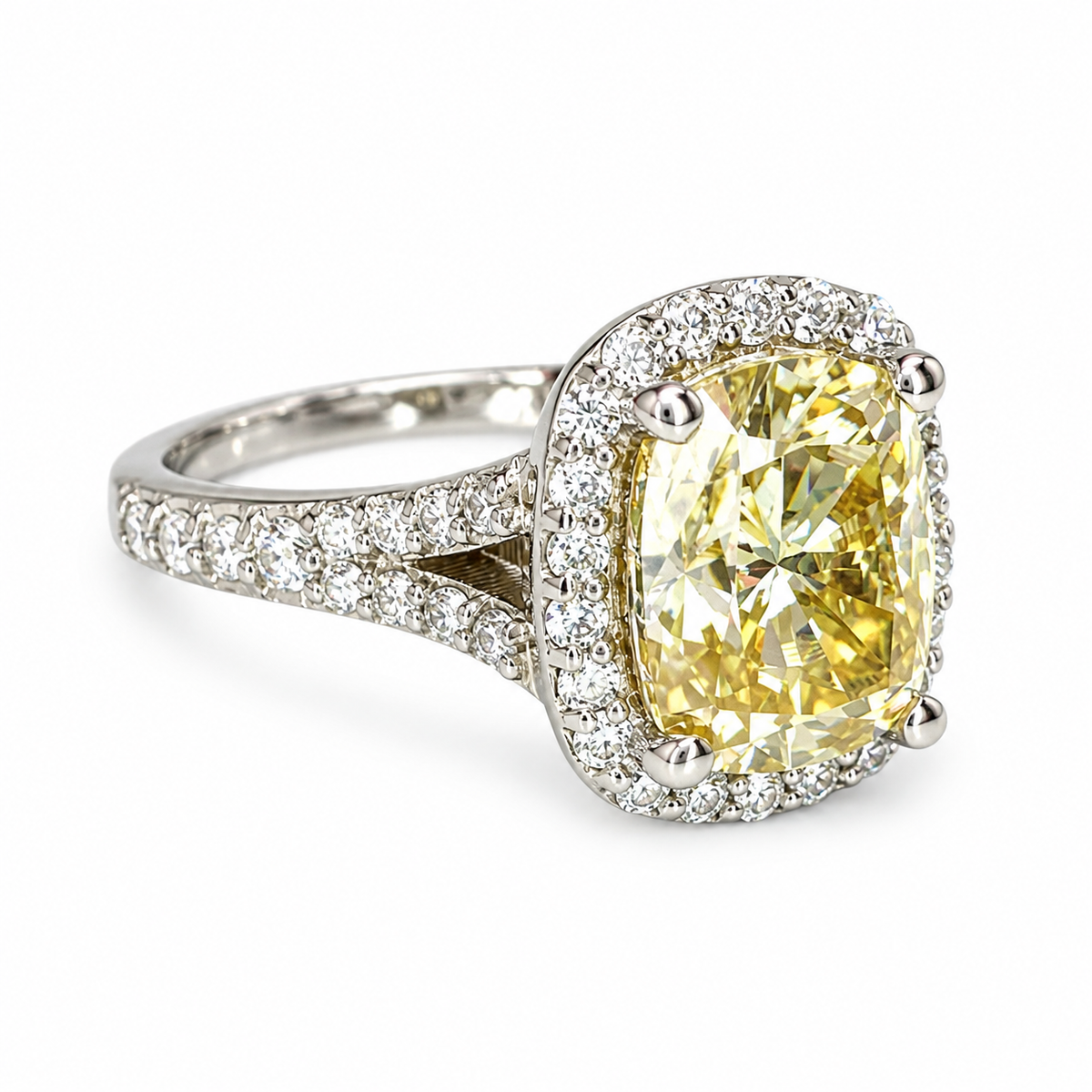 Cushion Cut Yellow Moissanite Halo Engagement Ring, 14k White Gold Elongated Cushion Cut Moissanite Wedding Ring, Moissanite Halo Ring #7133