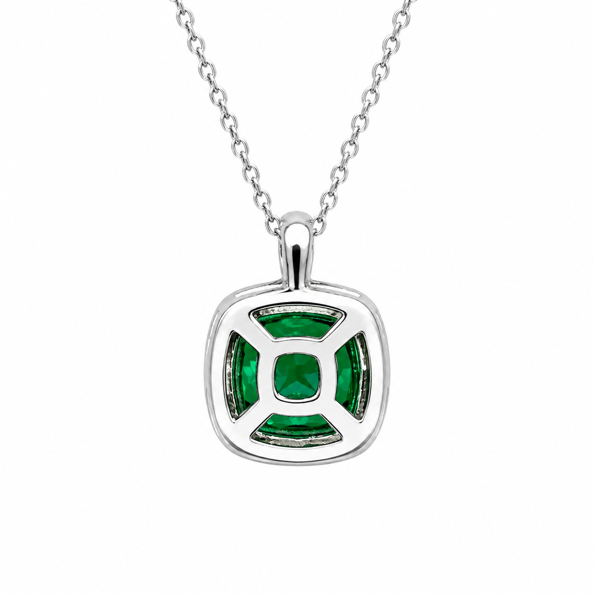 Cushion Cut Necklace / Green Emerald Necklace / Emerald And Diamond Necklace / 18"Cable Chain / 14k White gold / #6299