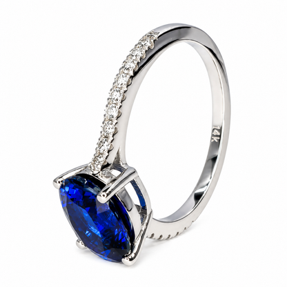 Oval  Blue Sapphire And Genuine Diamond Ring Set Horizontal In 14k White Gold #5777