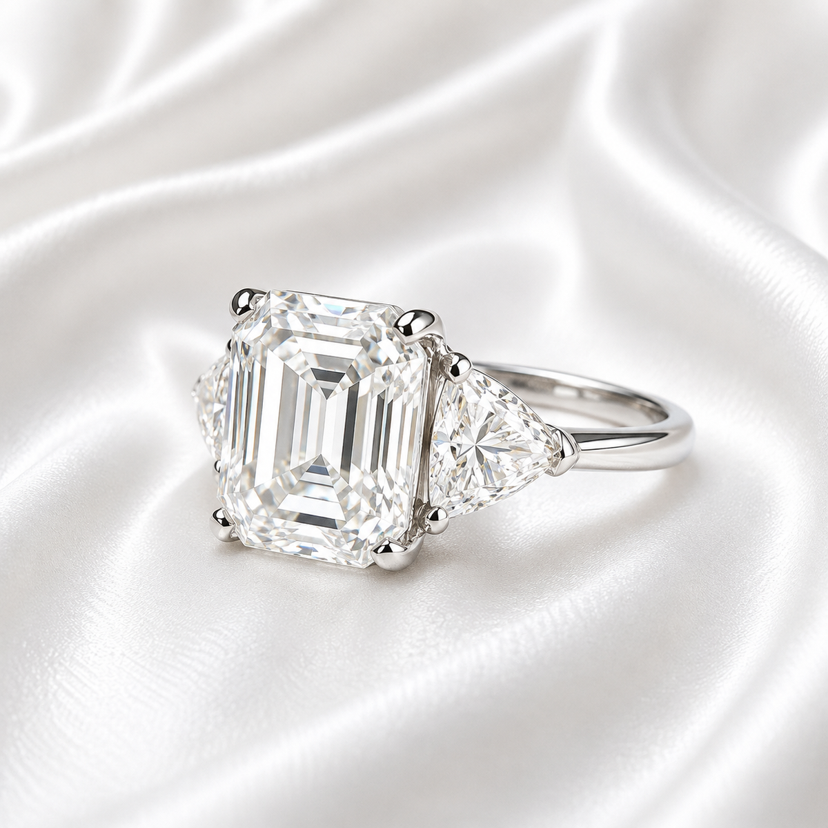 Asscher Cut Engagement Ring / Moissanite Wedding Ring / Asscher and Trillion Ring / 14k White Gold