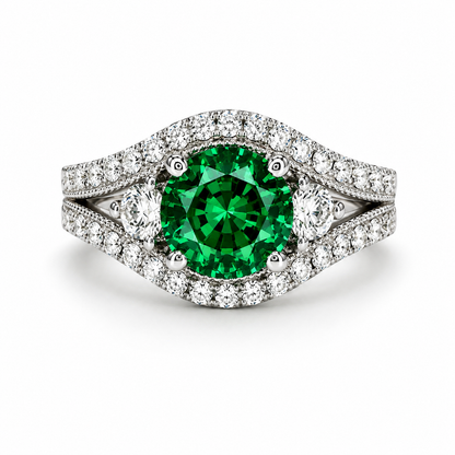 Round Emerald Engagement Ring 14K Solid Gold , Three Stone Emerald and Lab Diamond Ring #8643