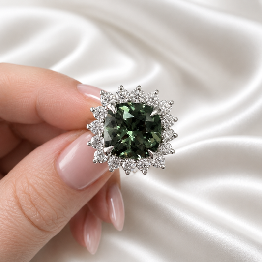 3.95 CTW Cushion Cut Olive green Sapphire Engagement Ring With Lab Grown Diamond Halo 14K Solid Gold with a Euro Shank #8852