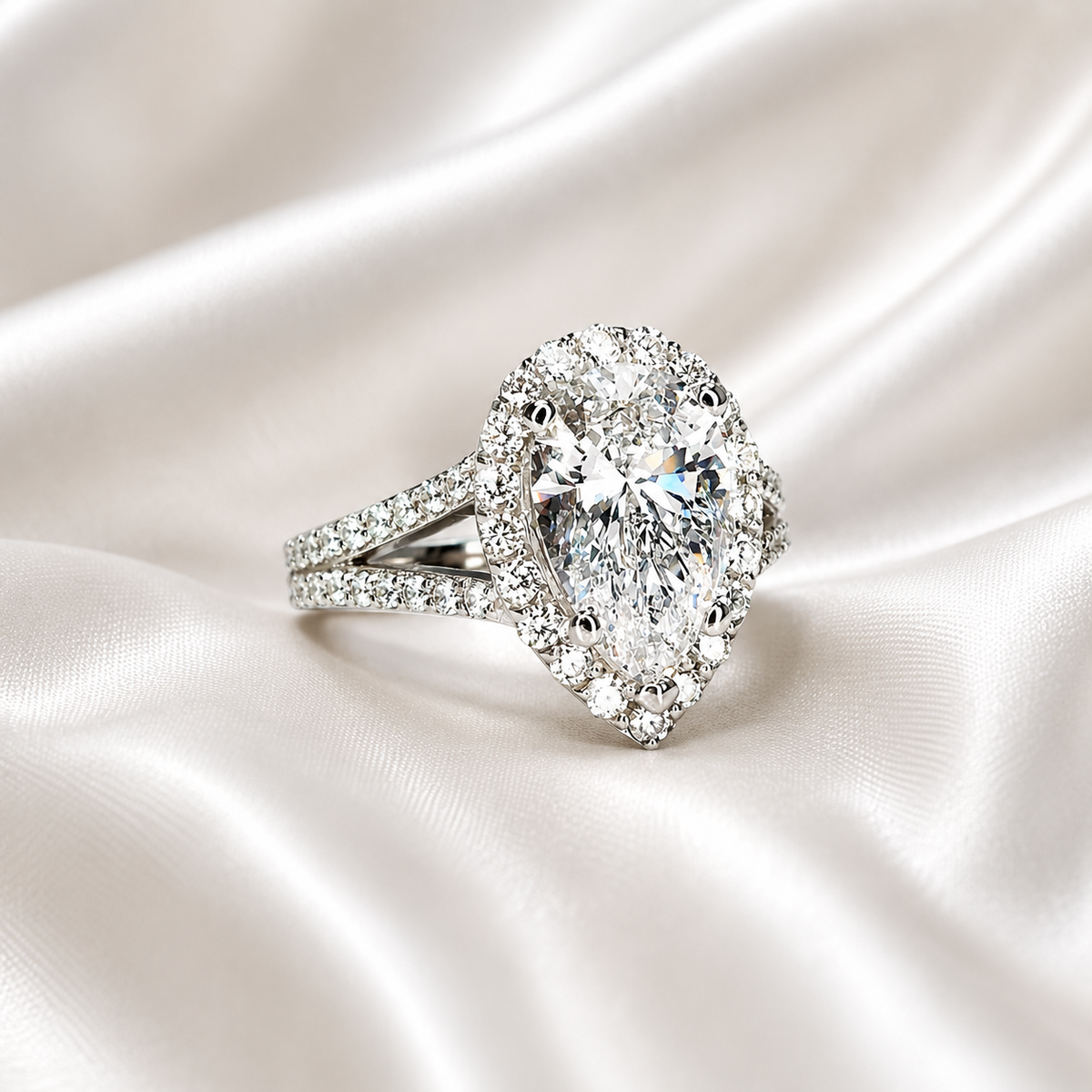 Lab created diamond engagement ring 14k solid gold, Pear shaped lab grown diamond ring, Lab grown diamond hidden halo engagement ring