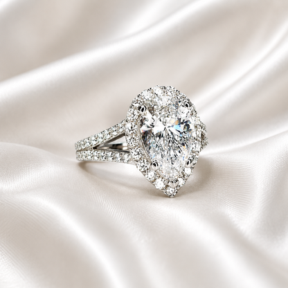 Lab created diamond engagement ring 14k solid gold, Pear shaped lab grown diamond ring, Lab grown diamond hidden halo engagement ring