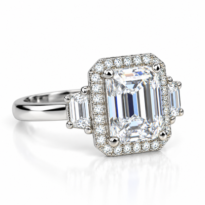 Emerald Cut Moissanite Engagement Ring, Moissanite Halo Wedding Ring For Her, Ladies 14k White Gold Trapezoid Moissanite Cluster Ring  #7108