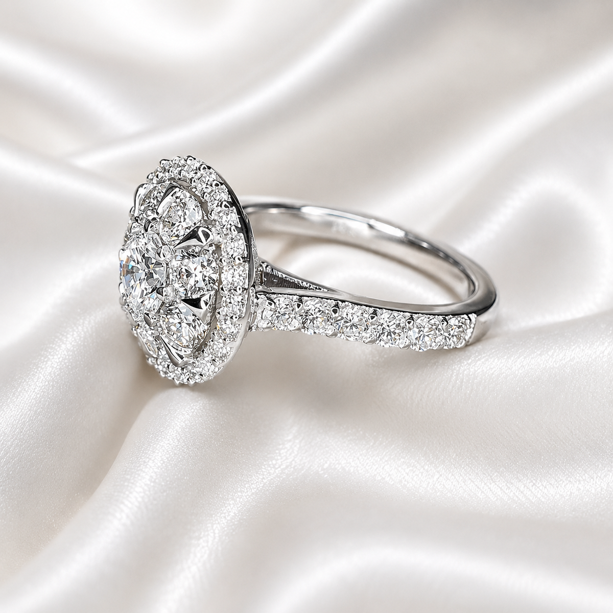 Lab grown diamond ring 14K  white gold, Round cut lab grown diamond engagement ring 14k, Lab grown diamond ring with halo Unique ring