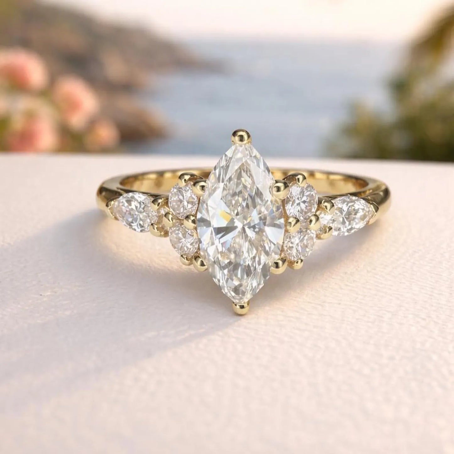 A close-up of a diamond engagement ring with a large central diamond surrounded by smaller diamonds on either side.