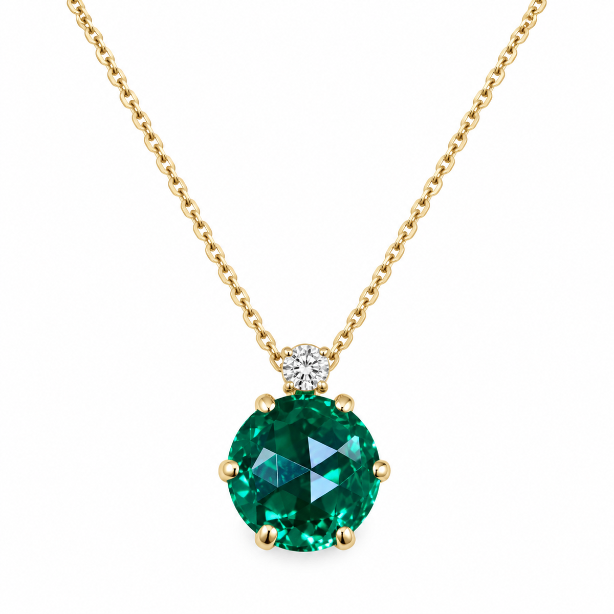 Round Emerald and Diamond Pendant Necklace 14k Solid Gold, Dainty Layering Minimalist Emerald Green Stacking Pendant Necklace May Birthstone