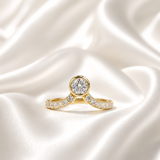 Lab Grown Diamond Chevron Ring: 14K Gold Bezel Stacking Ring , Curved Matching Wedding Band , V shape Diamond Band , Pinky Ring , #8817