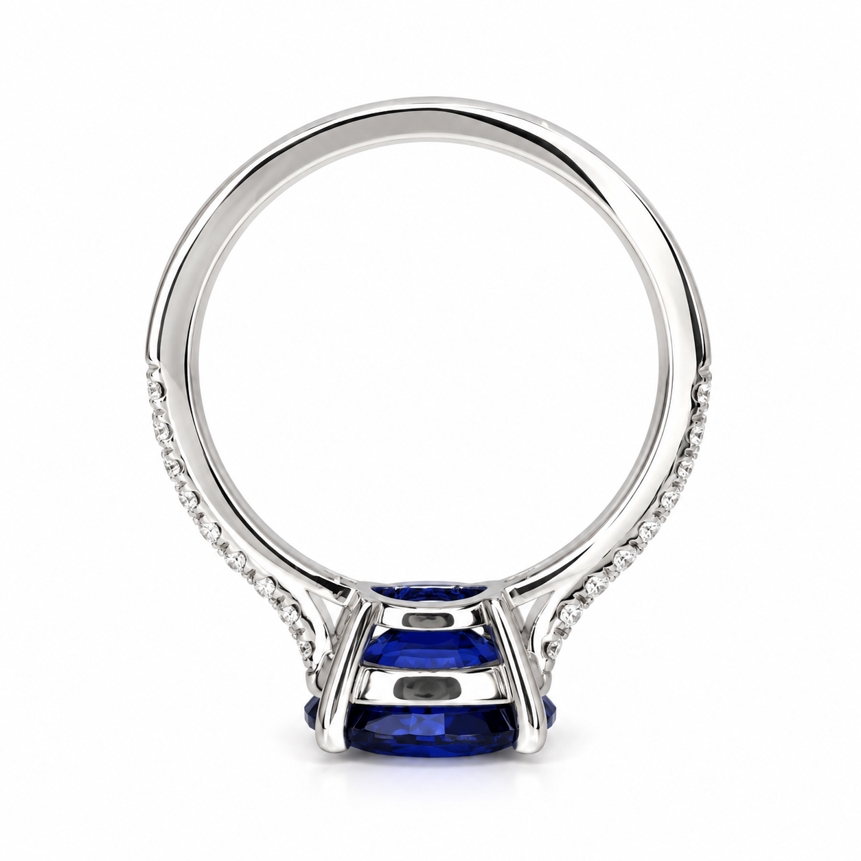 Oval  Blue Sapphire And Genuine Diamond Ring Set Horizontal In 14k White Gold #5777