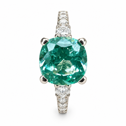 Cushion Cut Green Paraiba With Moissanite Engagement Ring 14K Yellow Gold, Cushion Shaped Vintage Style Green Paraiba Engagement Ring, #7488