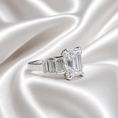 3.30 CTW 7 Stone Lab Diamond Emerald Cut Engagement Ring , Emerald Cut & Graduated Baguette Diamond Ring #8812