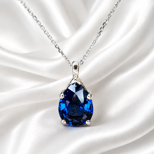Blue Sapphire Necklace 10K White Gold, Pear Shape Blue Sapphire Pendant Necklace For Ladies, Layering September Birthstone Jewelry, #8847