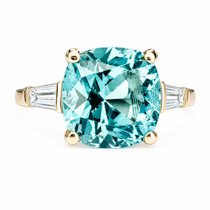 Blue Paraiba Tourmaline Cushion Moissanite Baguettes Engagement Ring  Three Stone Paraiba Tourmaline Anniversary Promise Wedding Ring