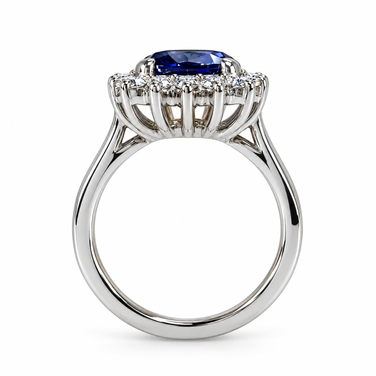 Blue Sapphire Cushion Cut And Diamond Halo Engagement Ring, 14k White Gold Blue Sapphire And Moissanite Halo Ladies Wedding Ring