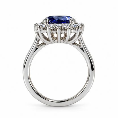 Blue Sapphire Cushion Cut And Diamond Halo Engagement Ring, 14k White Gold Blue Sapphire And Moissanite Halo Ladies Wedding Ring