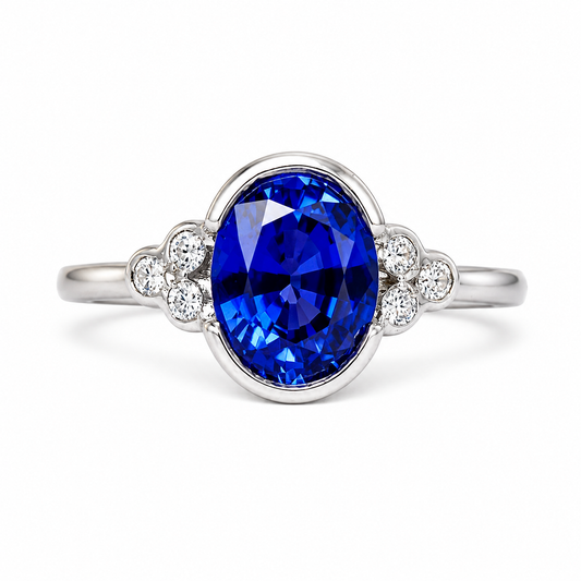 Oval  blue sapphire with round diamond accents engagement ring, 2.20ctw, 14k white gold #6069