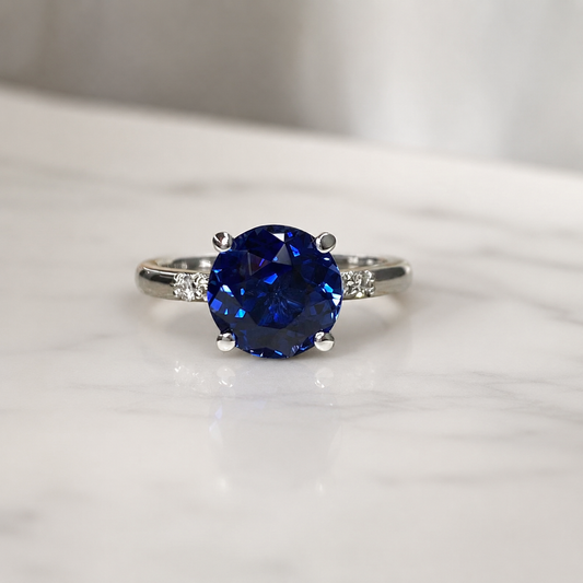 Round Blue Sapphire Engagement Ring 14k White Gold, Three Stone Blue Sapphire Engagement Rings , Blue Sapphire Promise Anniversary Ring 7259