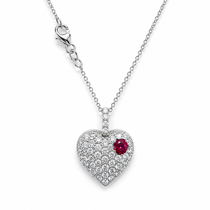 Lab Grown Diamond Heart Pendant With Ruby or Pink Sapphire 14K Solid Gold , Birthstone Heart Pendant , Puffy Heart Necklace #8861