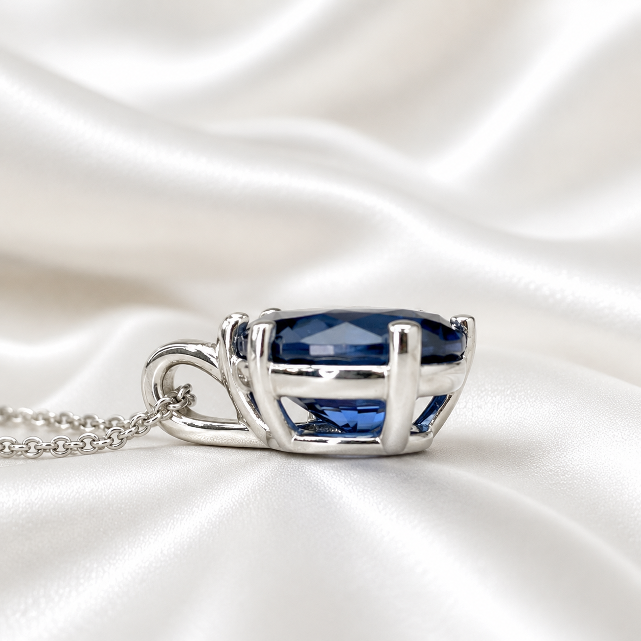 Blue Sapphire Necklace 10K White Gold, Pear Shape Blue Sapphire Pendant Necklace For Ladies, Layering September Birthstone Jewelry, #8847