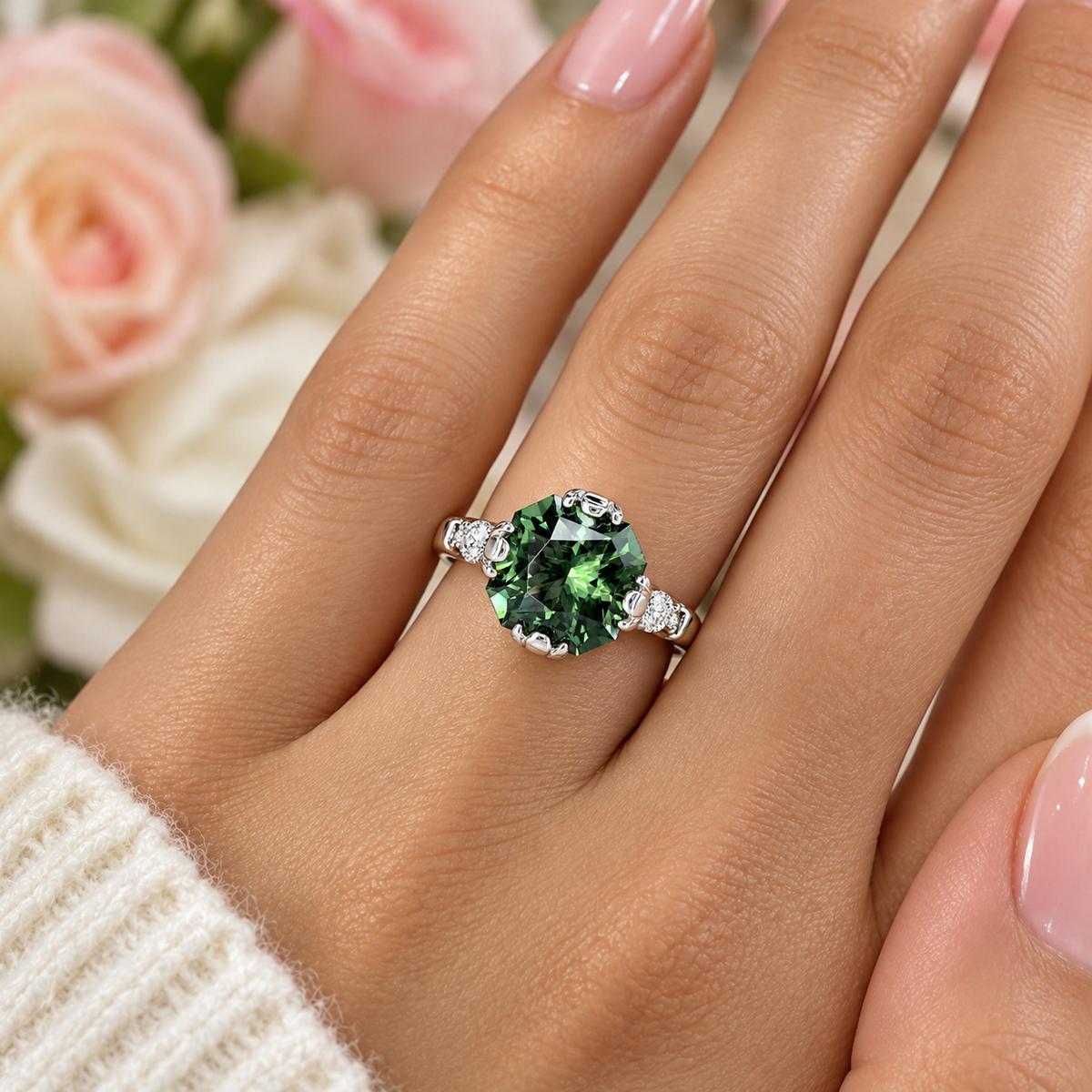 Radiant Cut Olive Green Sapphire 14k Solid White Gold Unique Olive Green Sapphire Promise Wedding Bridal Engagement Ring Gift For Her #7374