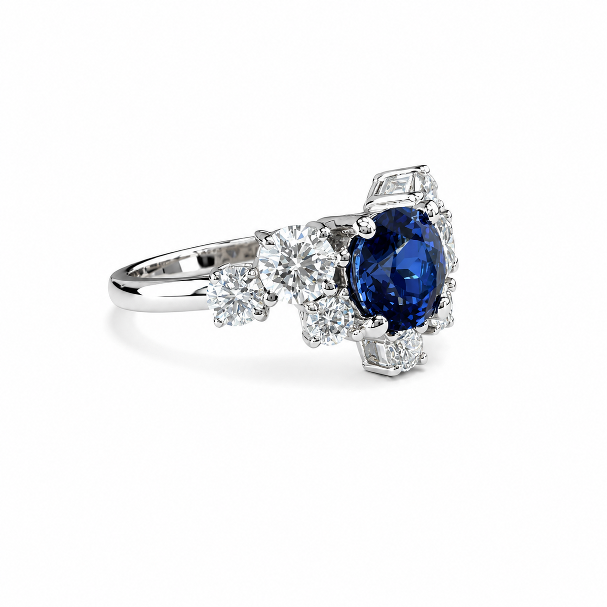 Blue Sapphire and Lab Diamond Geometric Ring 14K Solid Gold, Blue Sapphire Cluster Ring September Birthstone #8800