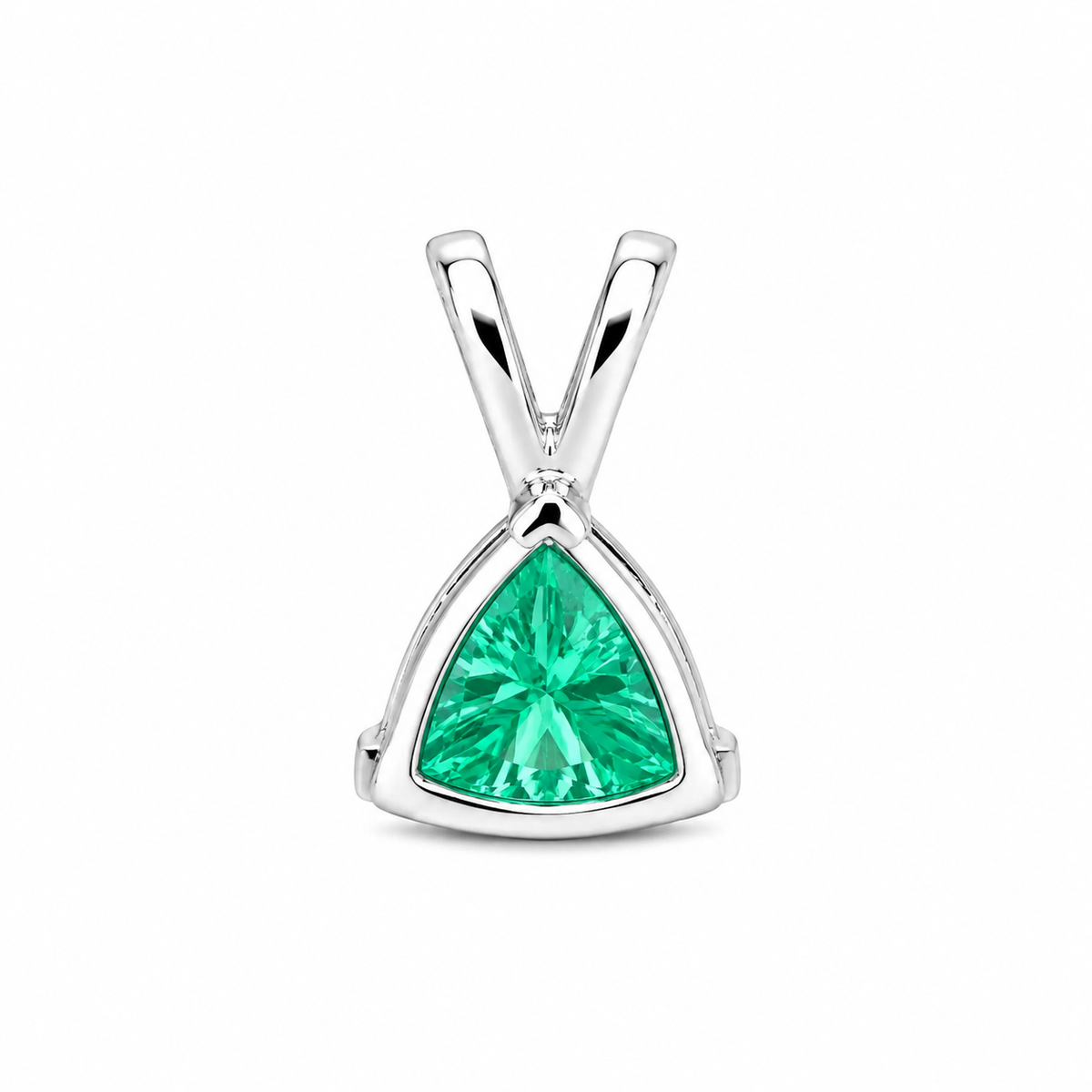 Emerald Trillion Shape Pendant Necklace For Ladies, 14k White Gold Dainty Layering Necklace, Triangle Shape May Birthstone Pendant.    #6074
