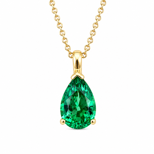 10K Gold Emerald Necklace , Pear Shape Emerald Pendant , Teardrop Emerald Pendant Necklace with Chain , May Birthstone Jewelry , #8846