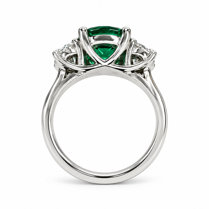 Emerald And Moissanite Round Three Stone Engagement Ring Set In 14K White Gold