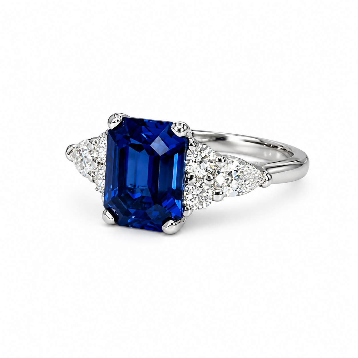 Blue Sapphire Engagement Ring White Gold, Unique Vintage Blue Sapphire Cluster Ring,  Sapphire and Moissanite Cluster Ring For Women