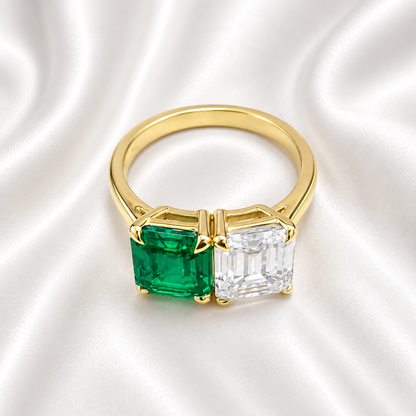 Toi Et Moi Ring Emerlad Cut Engagement Ring 14K Solid Gold Unique Two Stone Wedding Promise Anniversary Ring Two Stone Ring #8835