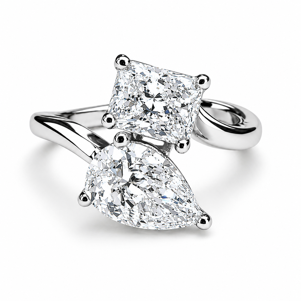 Toi et Moi Pear Radiant Cut and Pear Shape Lab Diamond Ring, 2.00 CTW 14k Gold Engagement Promise #8868