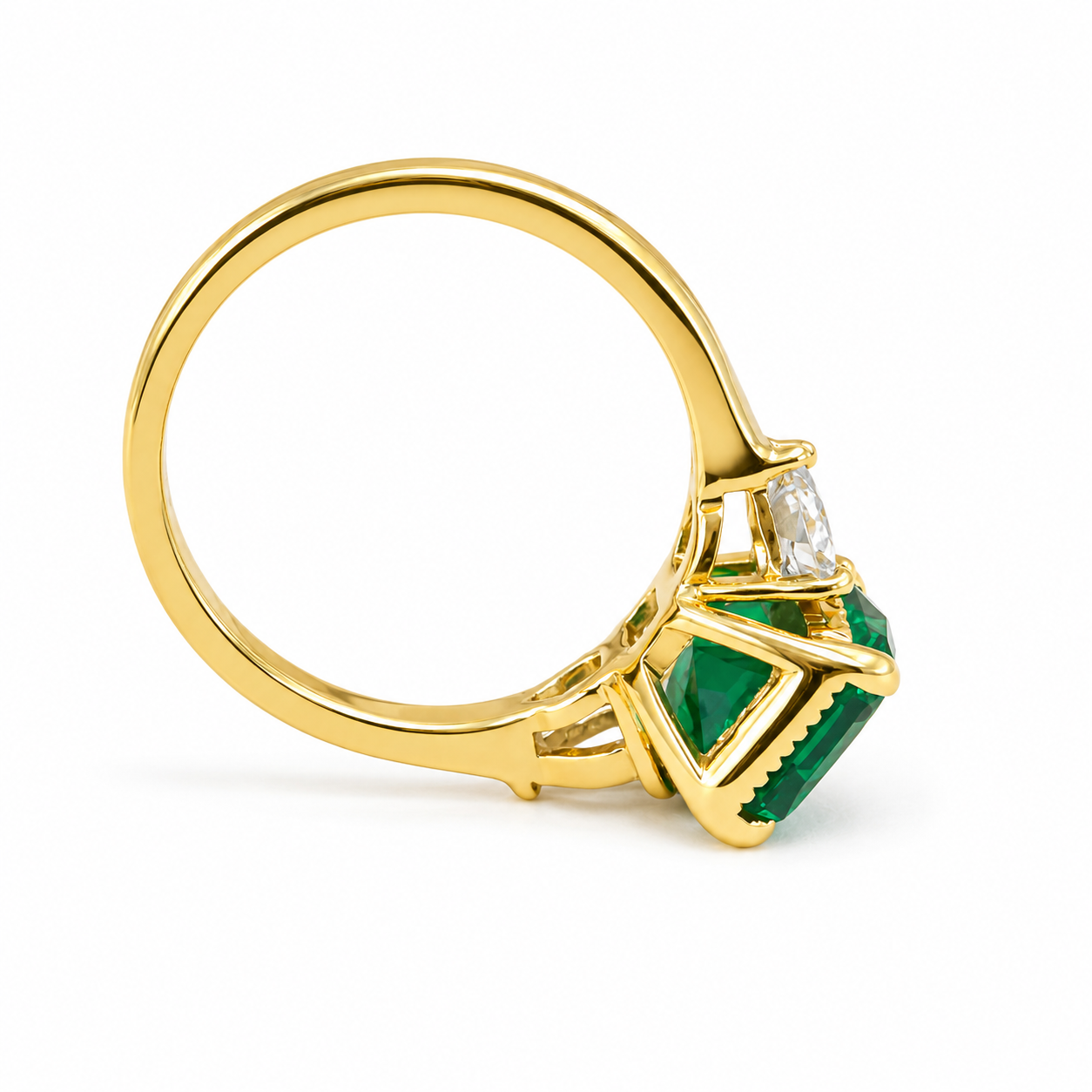 Emerald Cut Emerald Engagement Ring with Pear Shape Lab Grown Diamonds 14K Solid Gold , May Birthstone Ring , Trendy Ring #8857