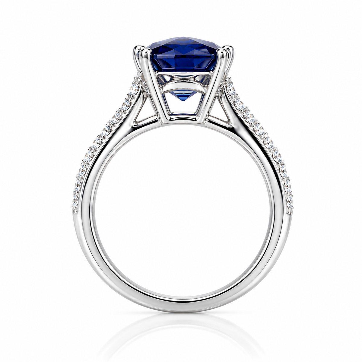 Blue sapphire cushion cut engagement ring, with round diamond accents, 2.65ctw, 14k white gold wedding ring