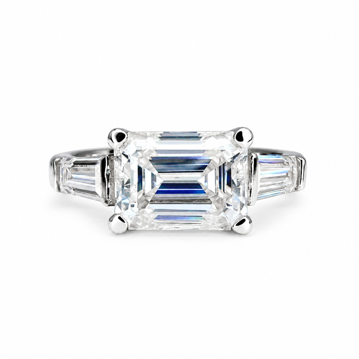 East to West Emerald Cut Moissanite Engagement Ring With Tapered Baguette Diamond Side Stones in 14K Solid White Gold, or Yellow Gold #8114