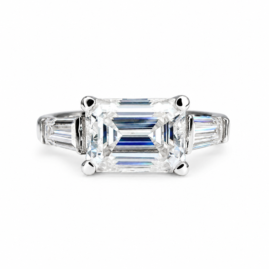 East to West Emerald Cut Moissanite Engagement Ring With Tapered Baguette Diamond Side Stones in 14K Solid White Gold, or Yellow Gold #8114
