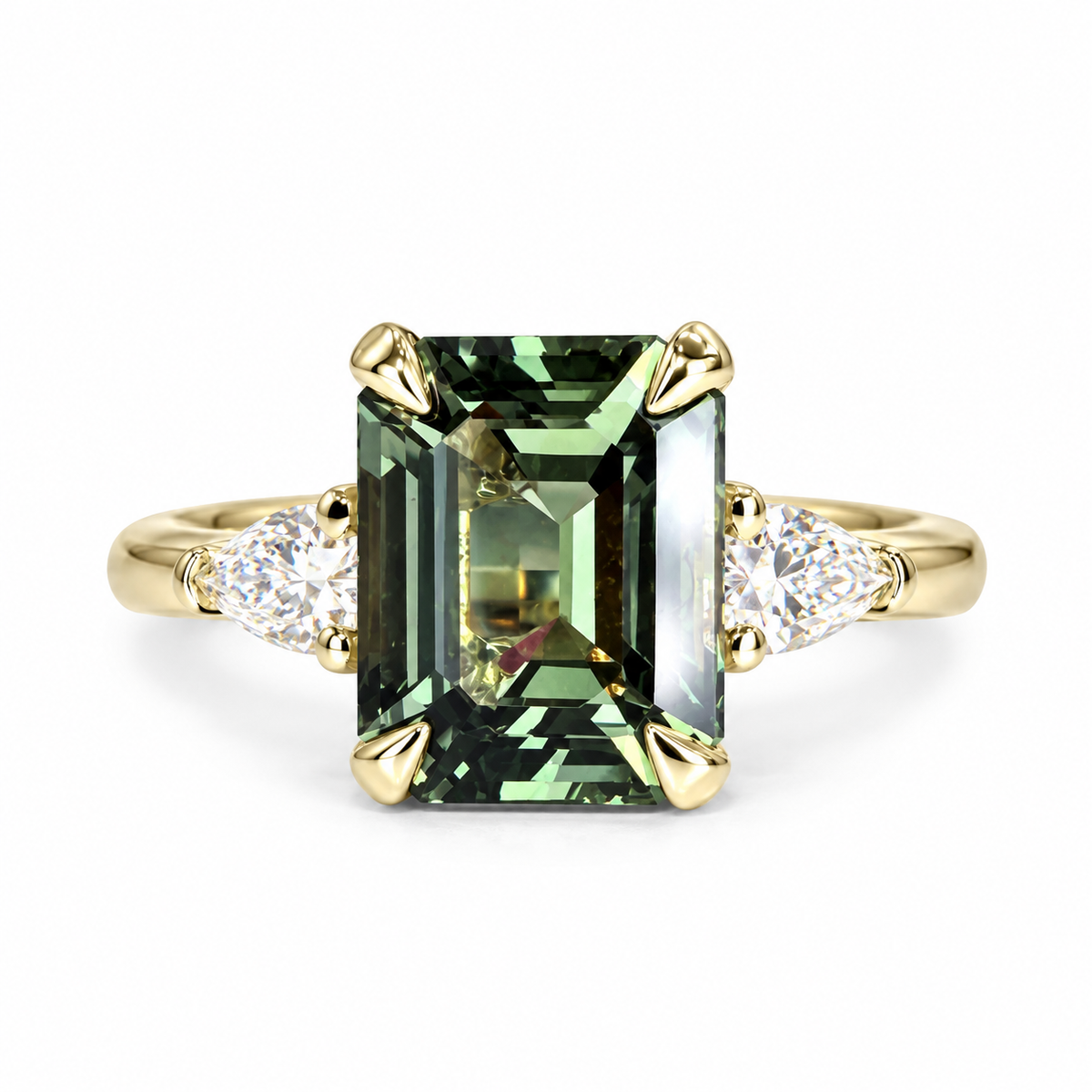 Emerald Cut Olive Green Sapphire Engagement Ring 14K White Gold Unique Vintage Olive Green Sapphire Engagement Ring Green Sapphire Ring 7245