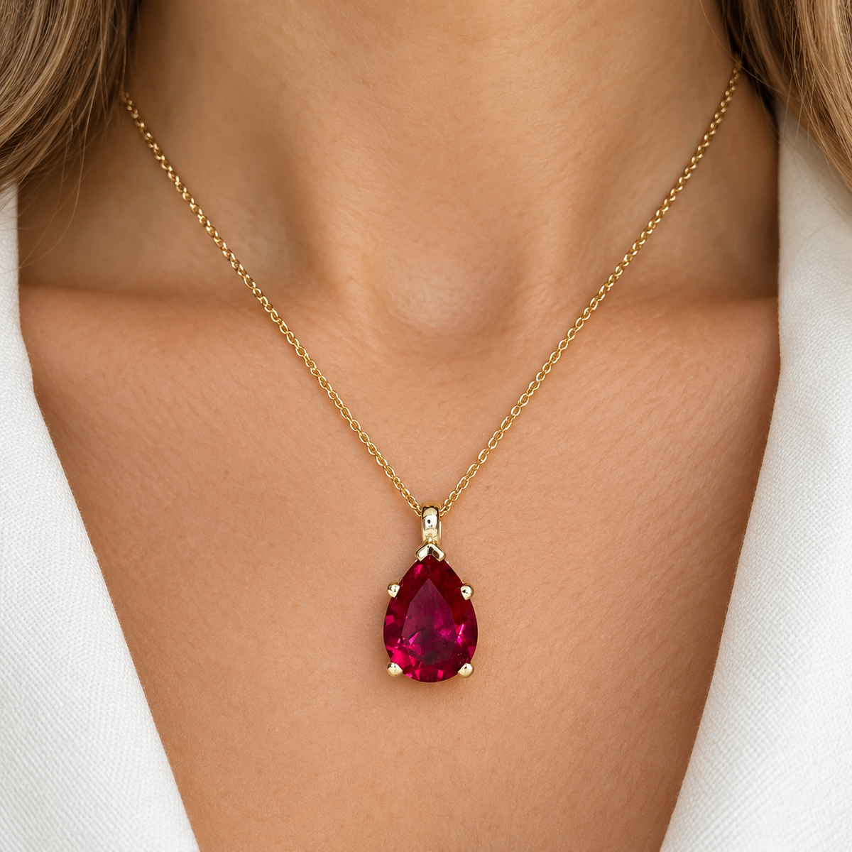 Ruby Pendant Necklace Pear Shape 14K Yellow Gold, Gold Teardrop Shape Simple Solitaire Necklace,  Ruby Pear Shape Pendant Bride Gift   #7019