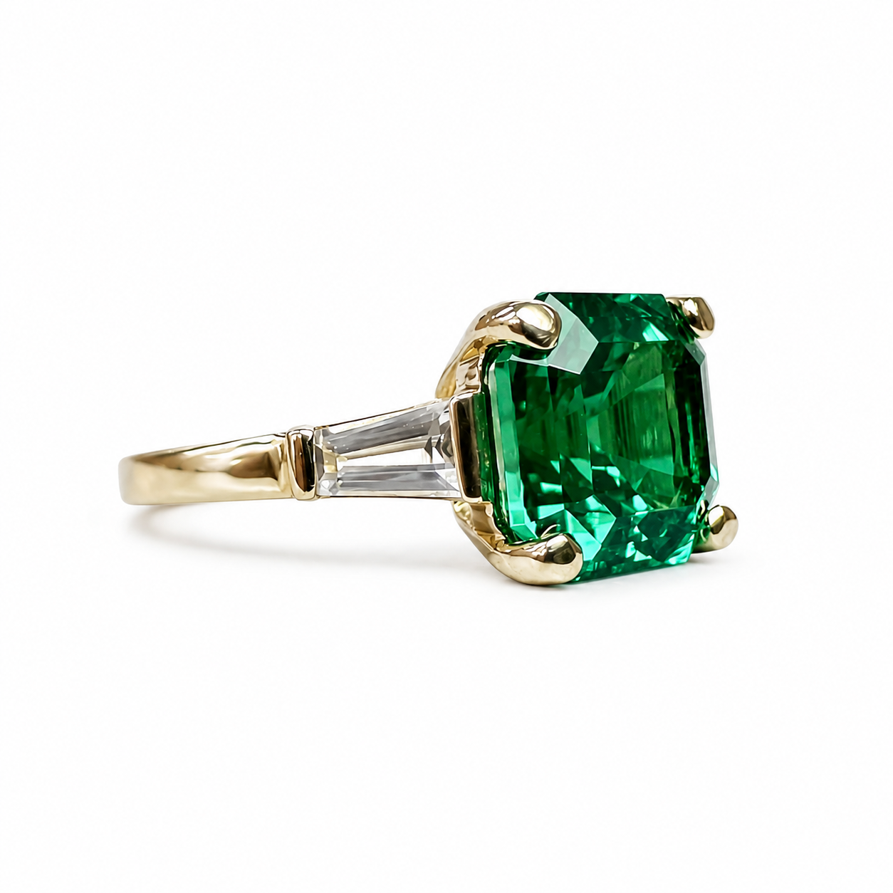 Emerald Engagement Rings Women, Solid White Gold Vintage Three Stone Asscher Cut Emerald Wedding Ring, Unique Gemstone Engagement Ring #6857