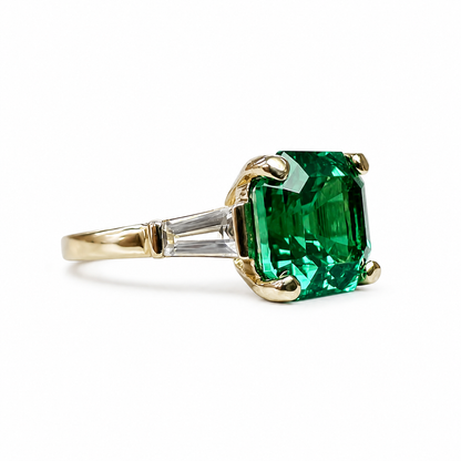 Emerald Engagement Rings Women, Solid White Gold Vintage Three Stone Asscher Cut Emerald Wedding Ring, Unique Gemstone Engagement Ring #6857