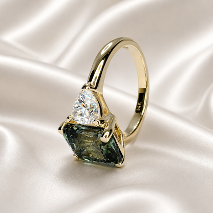 Olive Green Sapphire Ring - Radiant Cut Three Stone Engagement Ring 14k Solid Gold
