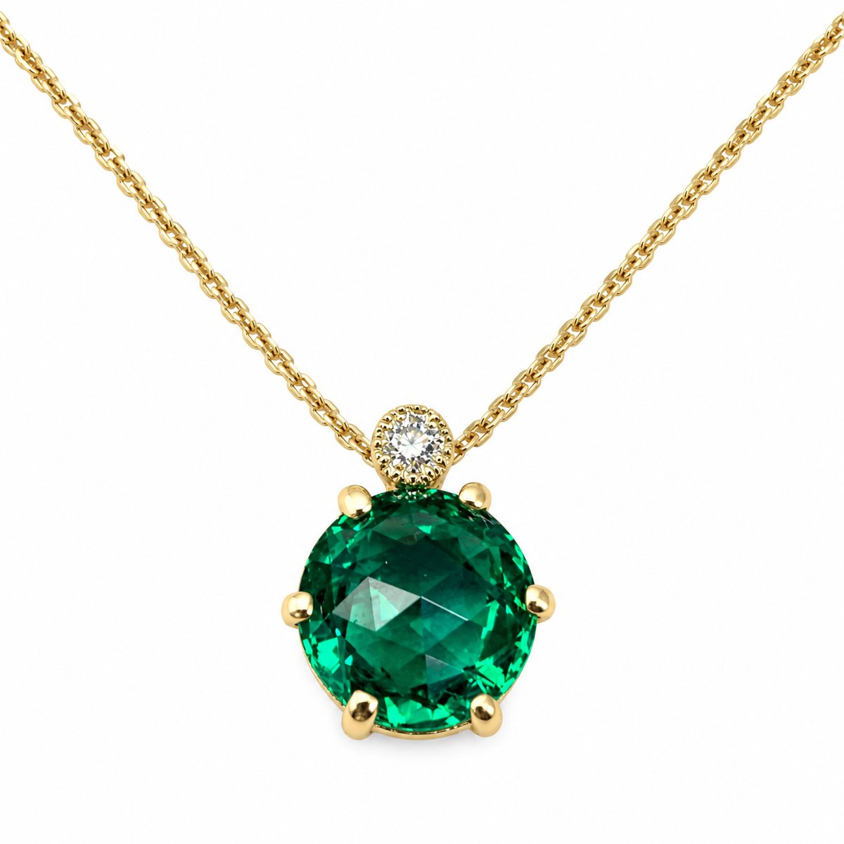 Round Emerald and Diamond Pendant Necklace 14k Solid Gold, Dainty Layering Minimalist Emerald Green Stacking Pendant Necklace May Birthstone